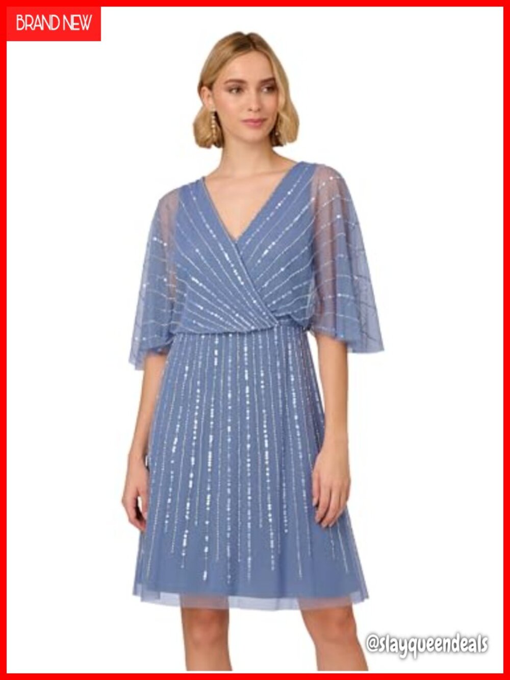 Beaded Cocktail Dress Sequin Flutter Sleeve V-Neck Short Party Formal